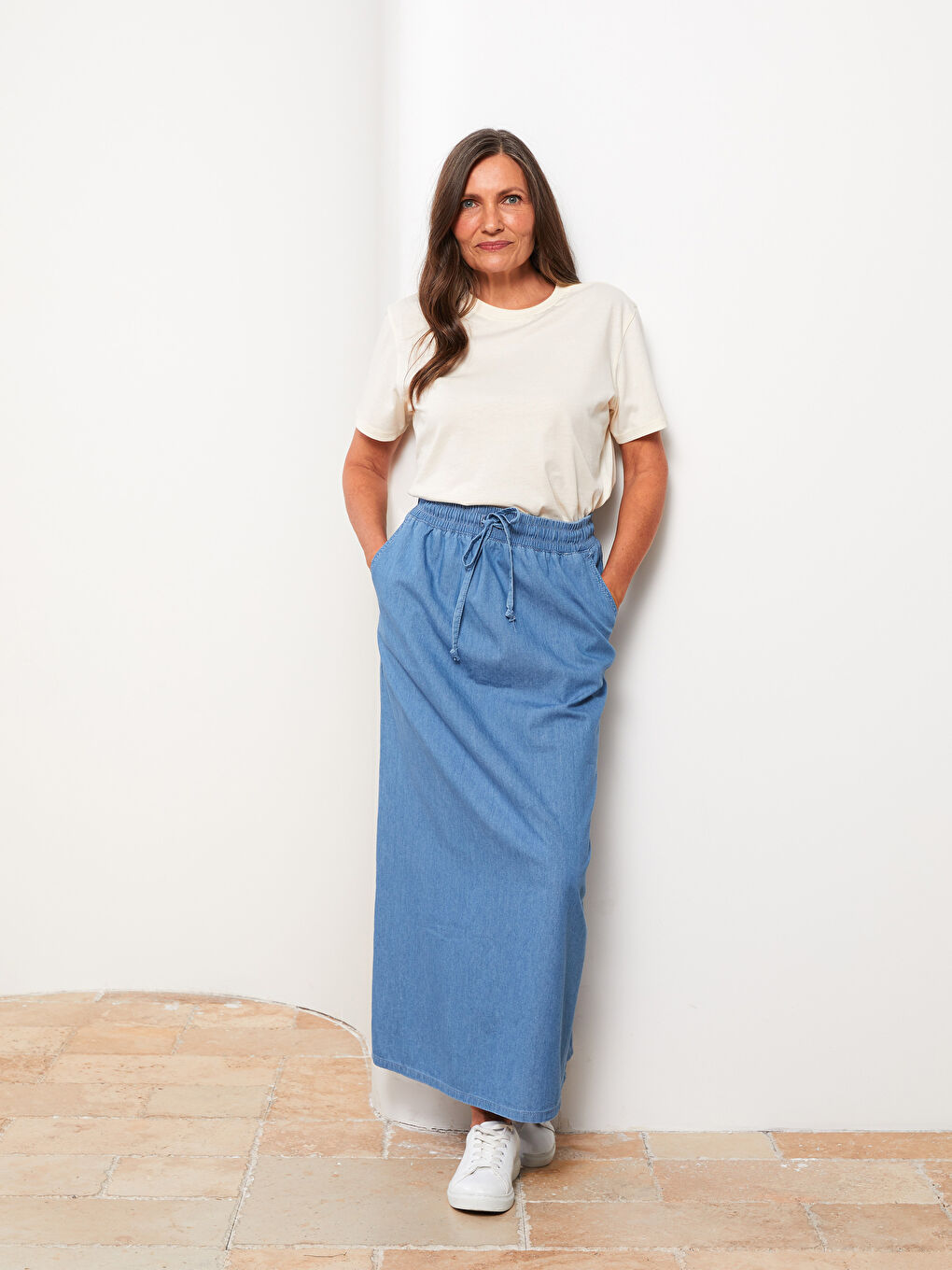 Bej Kadın Beli Lastikli Düz Jean Etek