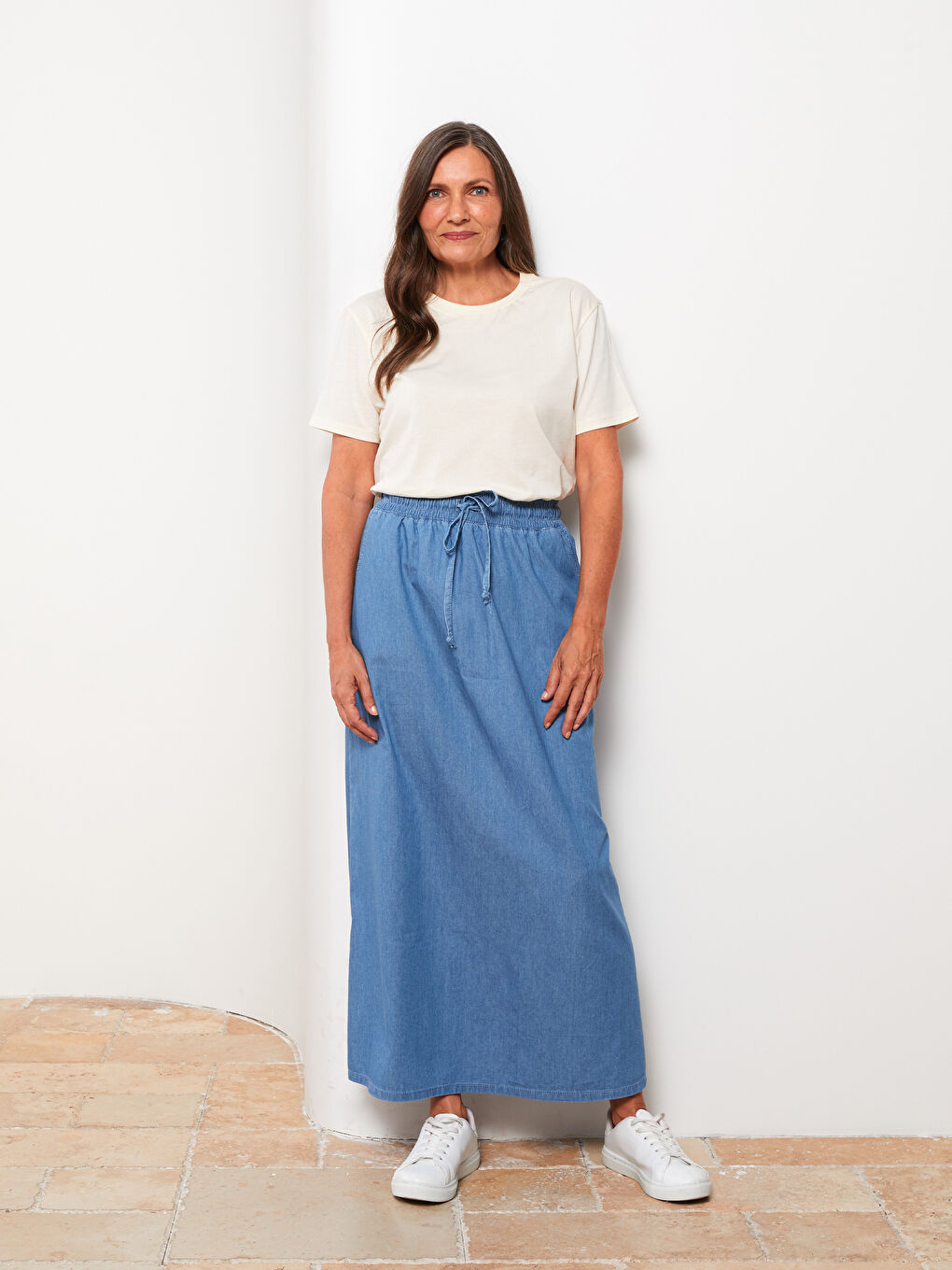 Bej Kadın Beli Lastikli Düz Jean Etek-1