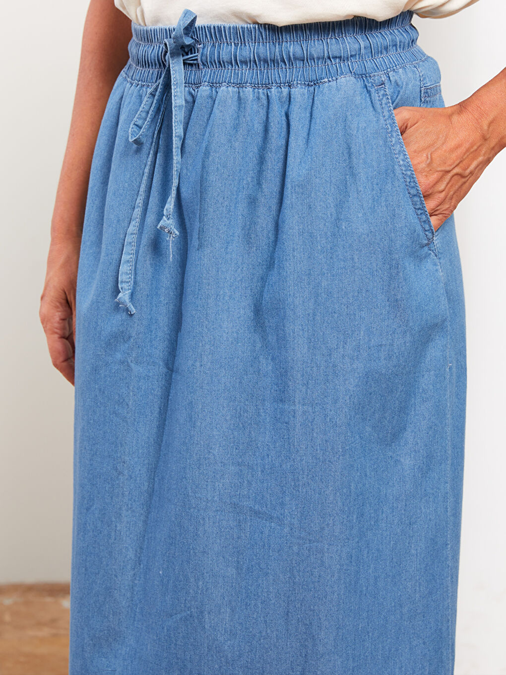 Bej Kadın Beli Lastikli Düz Jean Etek-2