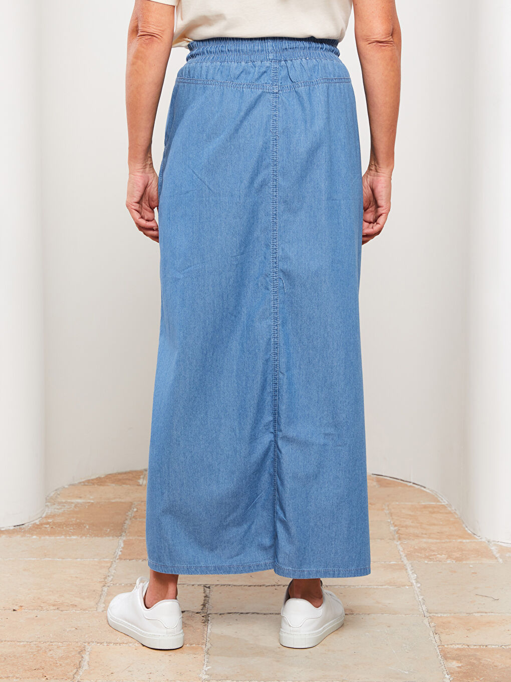 Bej Kadın Beli Lastikli Düz Jean Etek-4