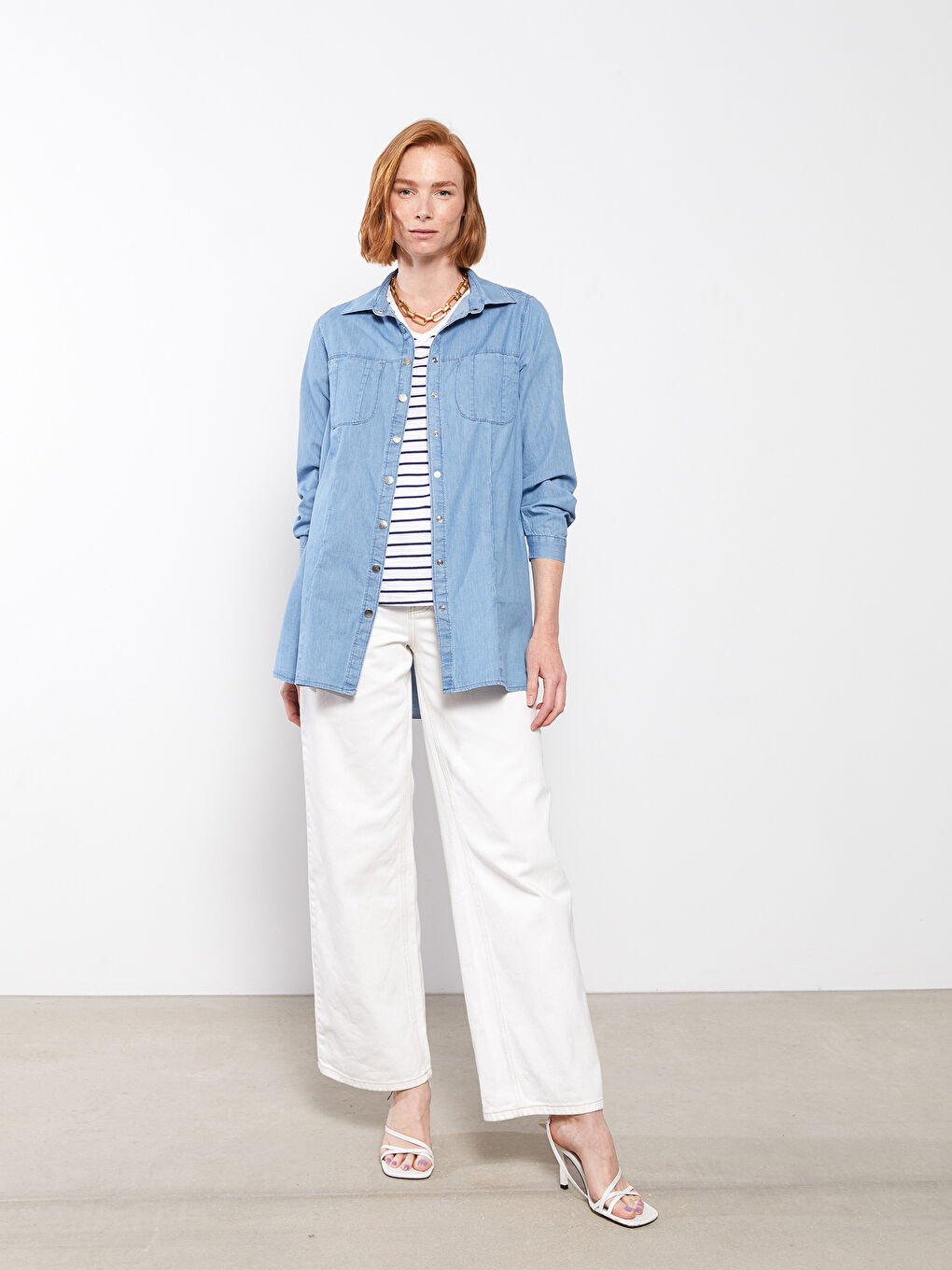 Mavi Gömlek Yaka Düz Uzun Kollu Kadın Jean Tunik