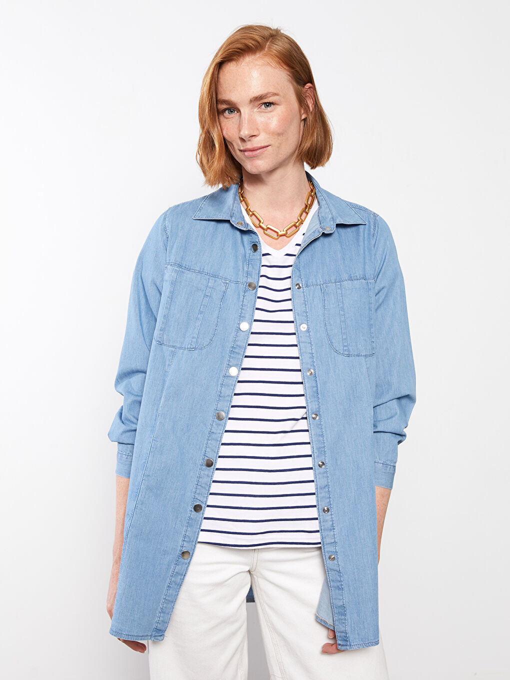 Mavi Gömlek Yaka Düz Uzun Kollu Kadın Jean Tunik-1