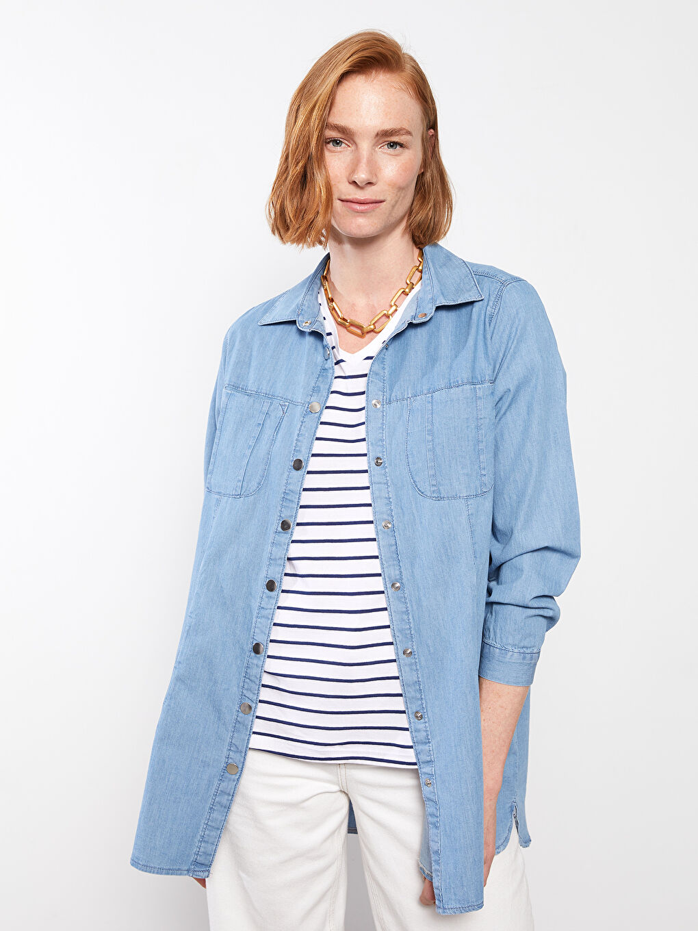 Mavi Gömlek Yaka Düz Uzun Kollu Kadın Jean Tunik-2