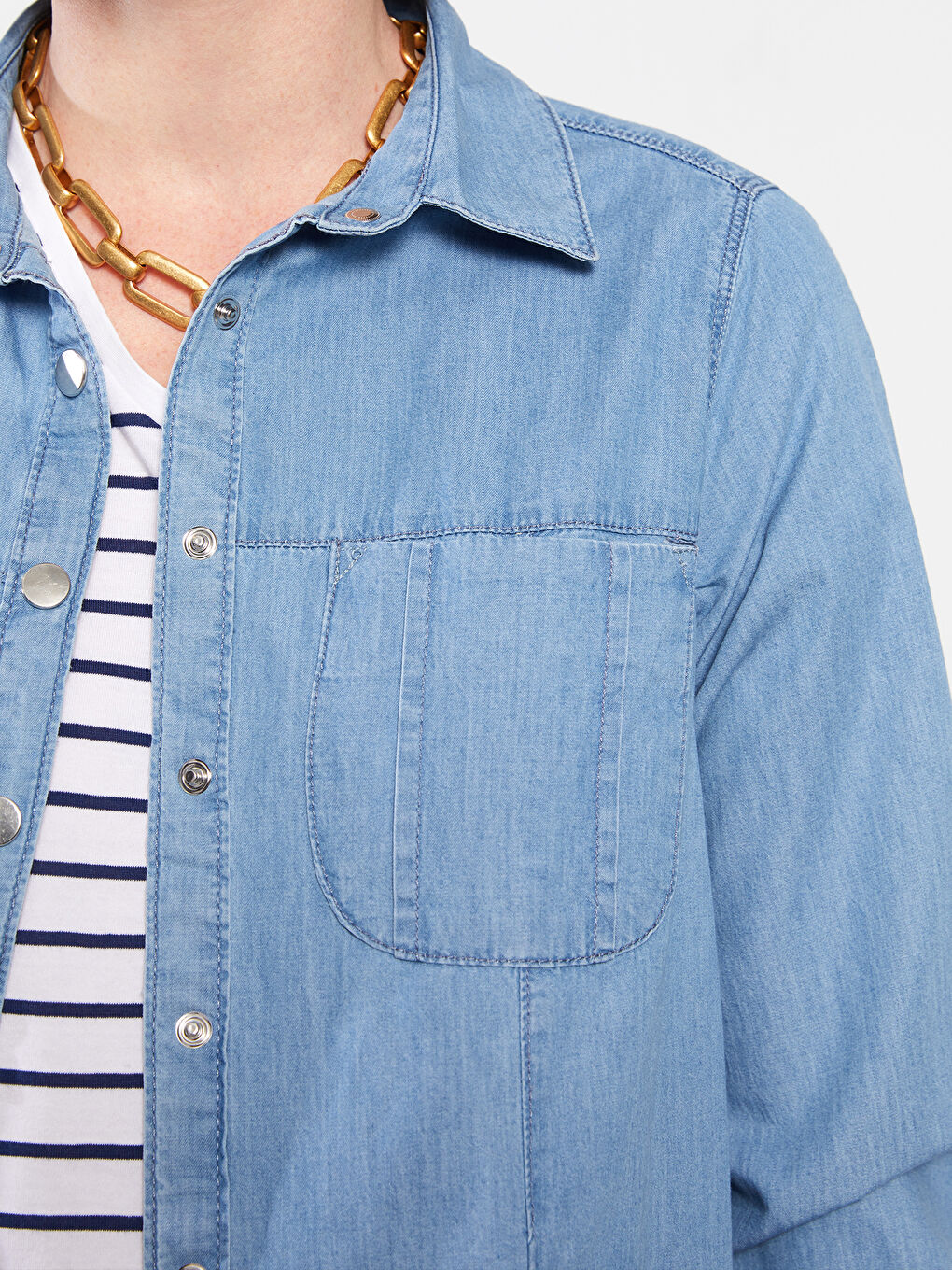 Mavi Gömlek Yaka Düz Uzun Kollu Kadın Jean Tunik-3
