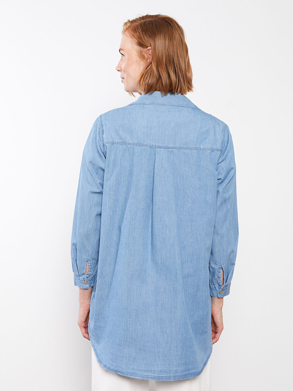 Mavi Gömlek Yaka Düz Uzun Kollu Kadın Jean Tunik-4