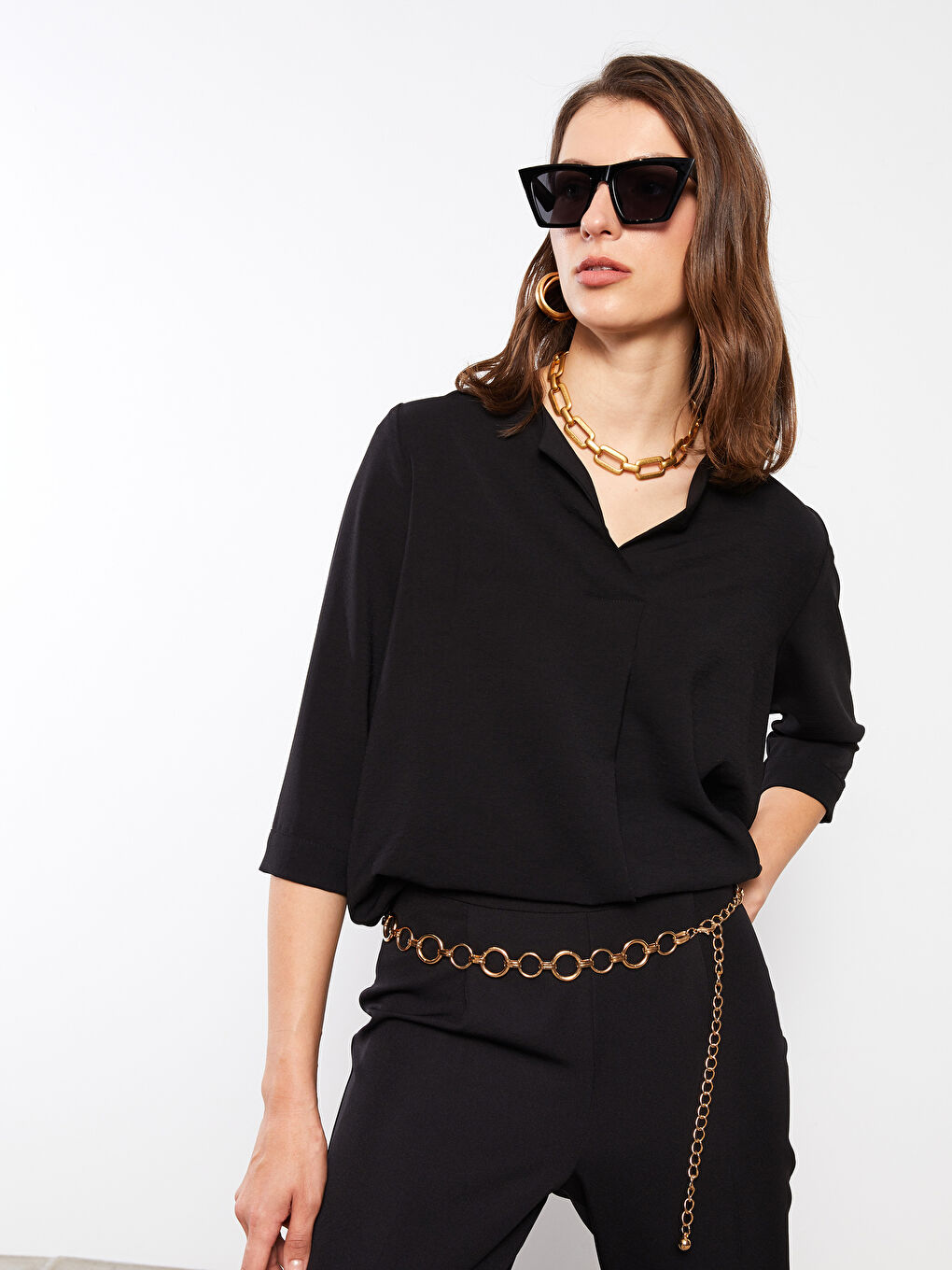 Siyah Kadın Kaçık Yaka Düz Bluz-2