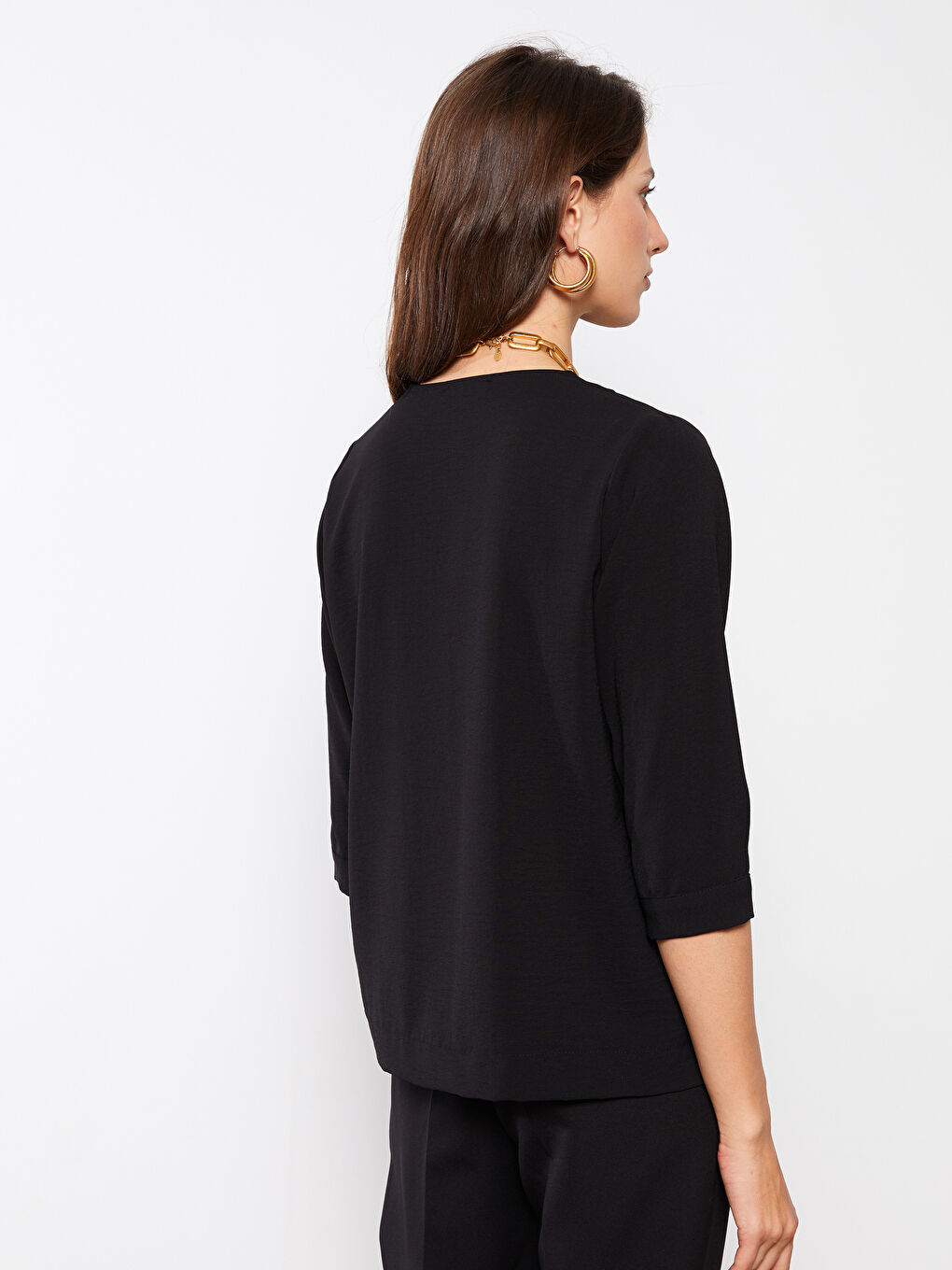 Siyah Kadın Kaçık Yaka Düz Bluz-6