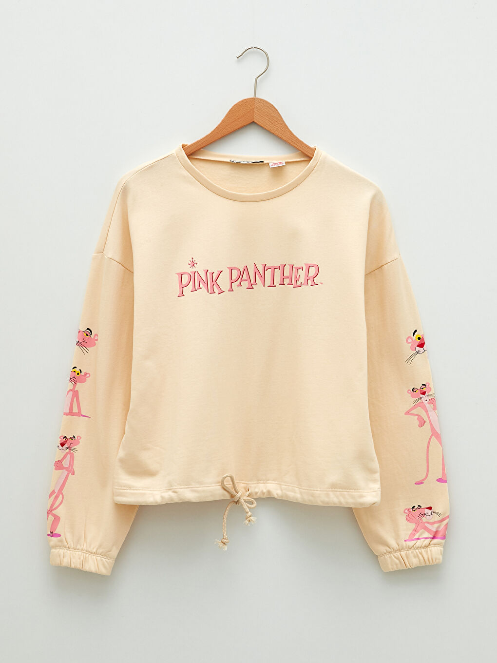 Bej Bisiklet Yaka Pink Panther Baskılı Uzun Kollu Kadın Sweatshirt-4