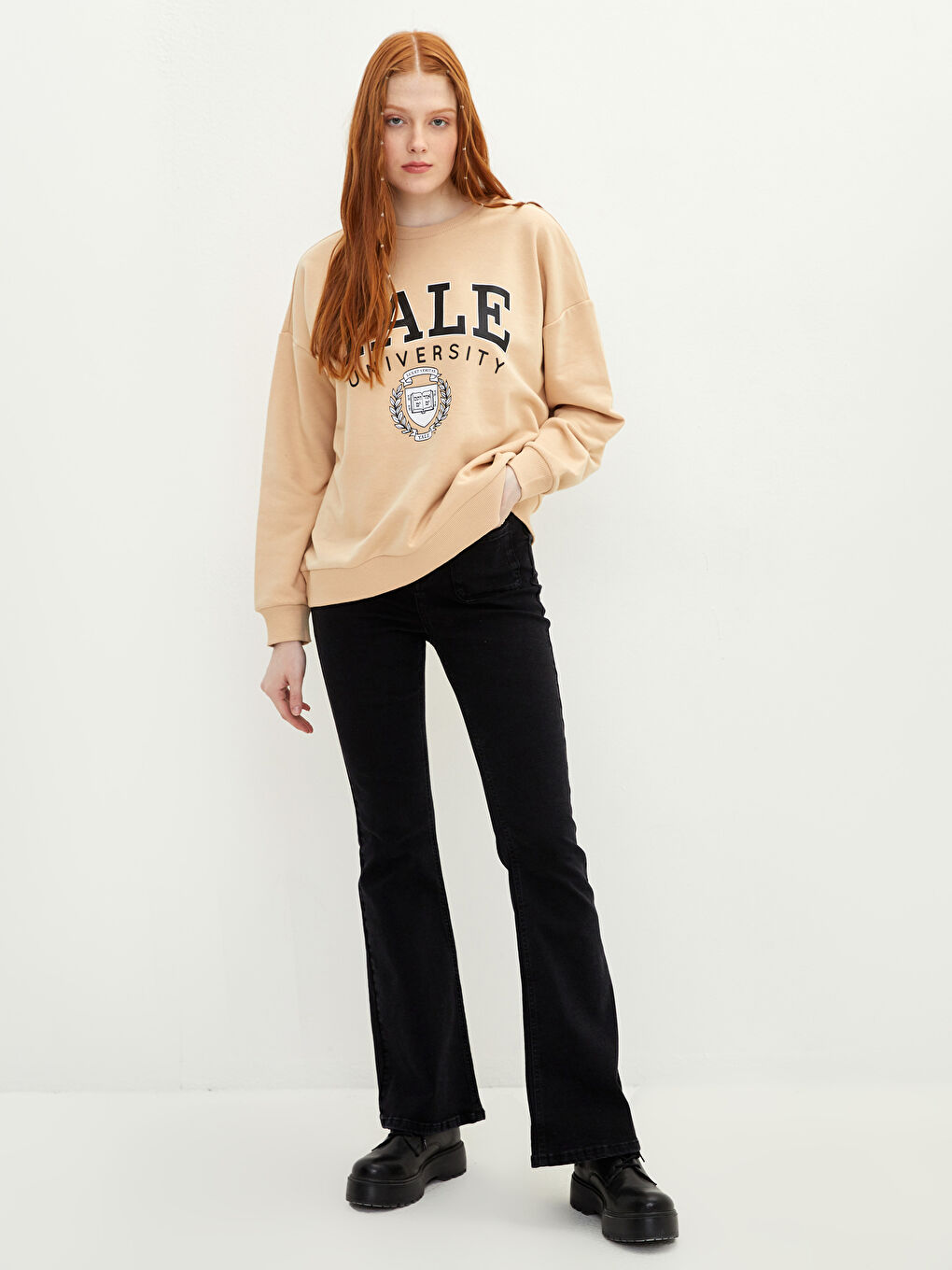 Bej Bisiklet Yaka Baskılı Uzun Kollu Kadın Sweatshirt-2