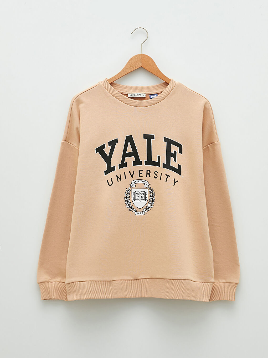 Bej Bisiklet Yaka Baskılı Uzun Kollu Kadın Sweatshirt-5