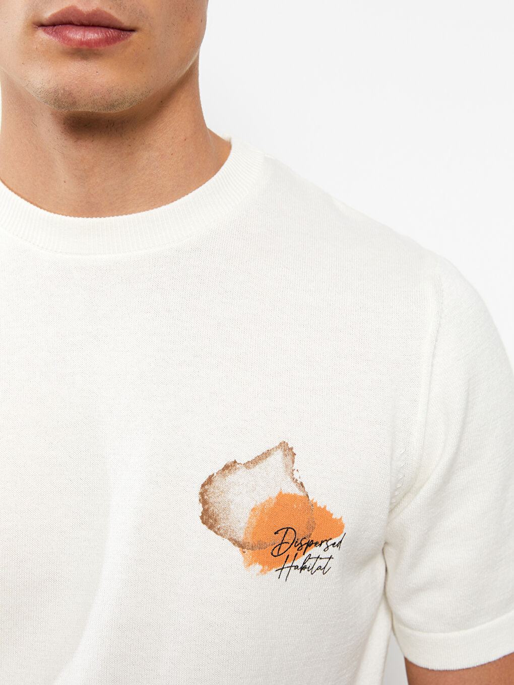 Ekru Bisiklet Yaka Kısa Kollu Baskılı Penye Erkek Tişört-3