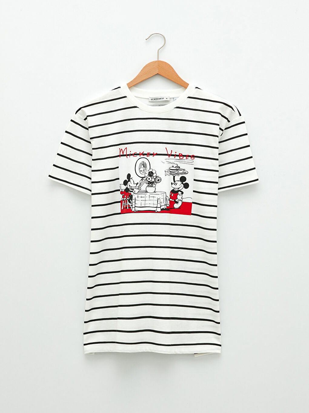 تونيك نسائي برقبة دائرية مخطط مطبوع ميكي ماوس بأكمام قصيرة-5