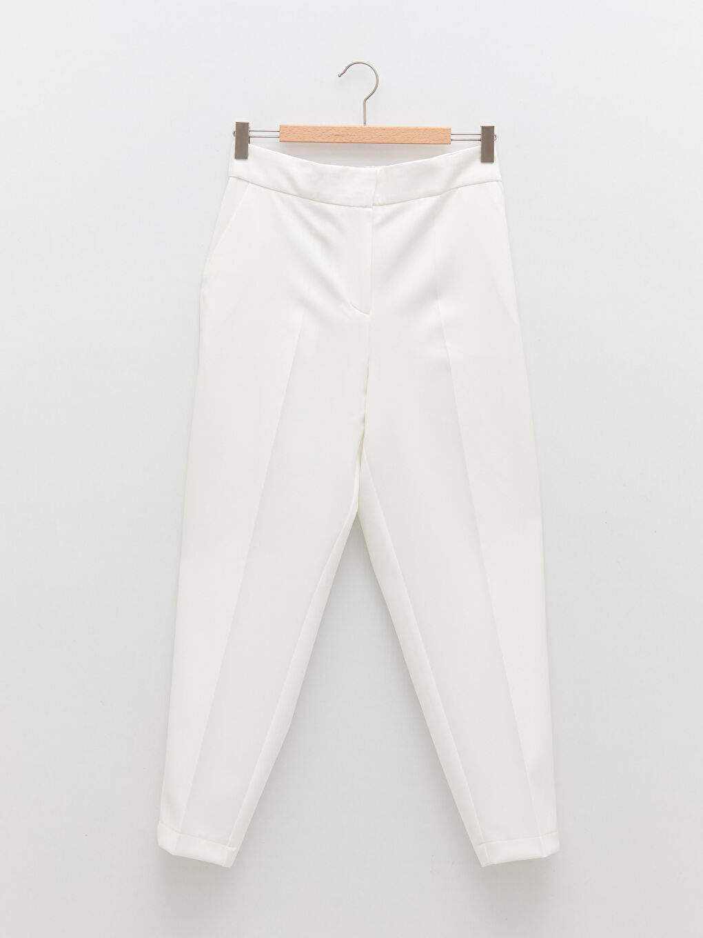 Ekru Kadın Beli Lastikli Standart Fit Düz Pantolon-5