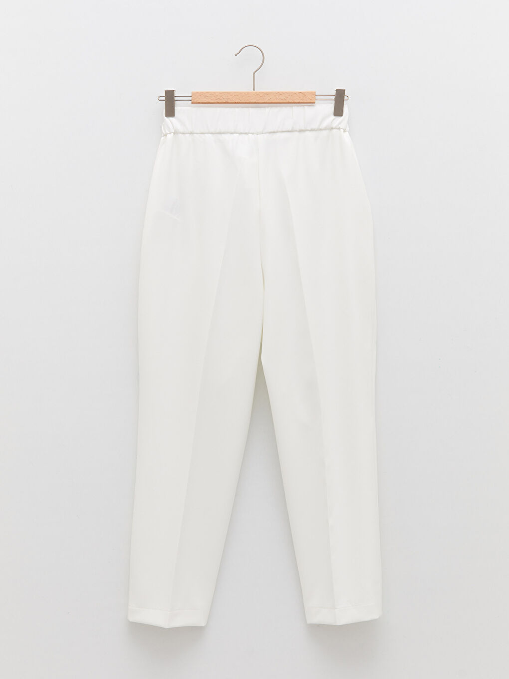 Ekru Kadın Beli Lastikli Standart Fit Düz Pantolon-6