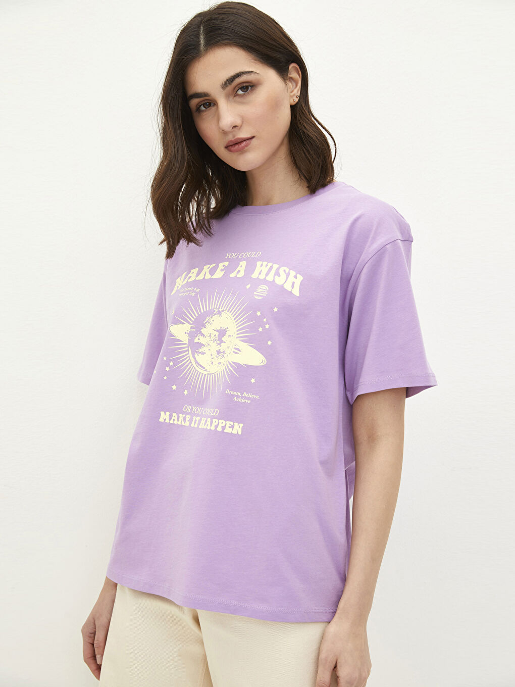 Lila Bisiklet Yaka Baskılı Kısa Kollu Pamuklu Kadın Tişört-1