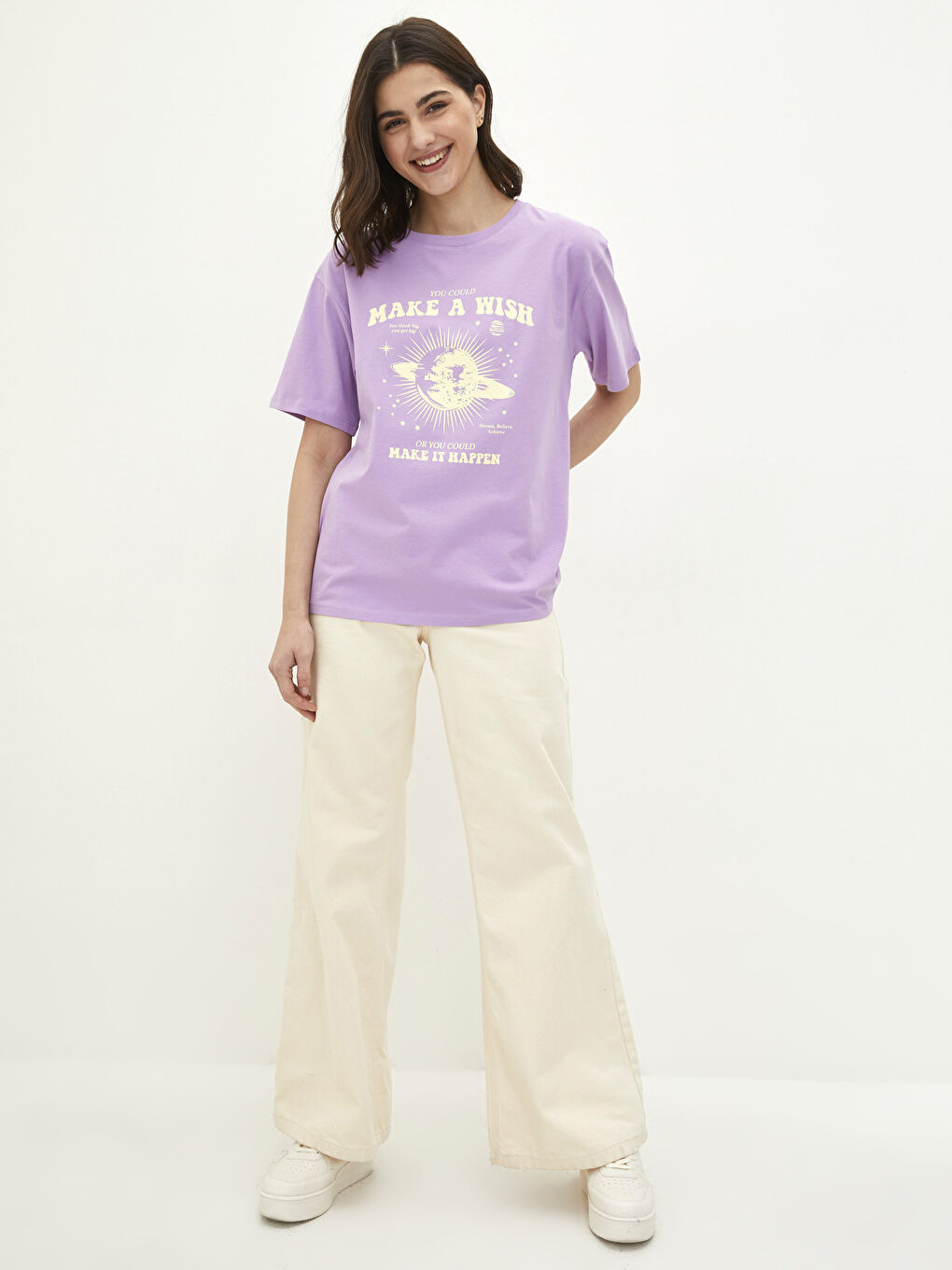 Lila Bisiklet Yaka Baskılı Kısa Kollu Pamuklu Kadın Tişört-2