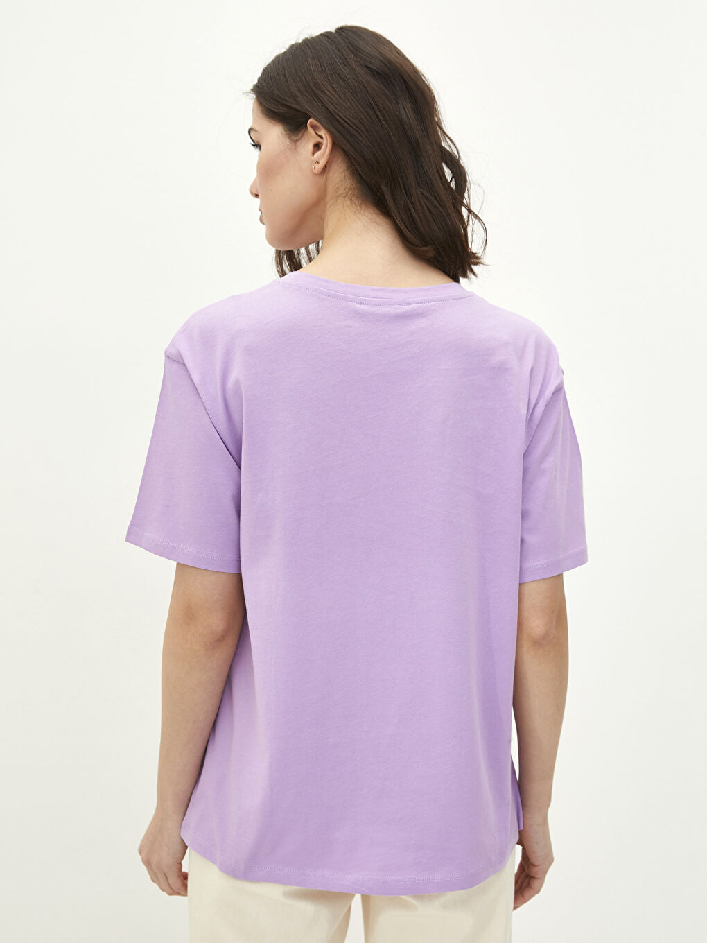 Lila Bisiklet Yaka Baskılı Kısa Kollu Pamuklu Kadın Tişört-4