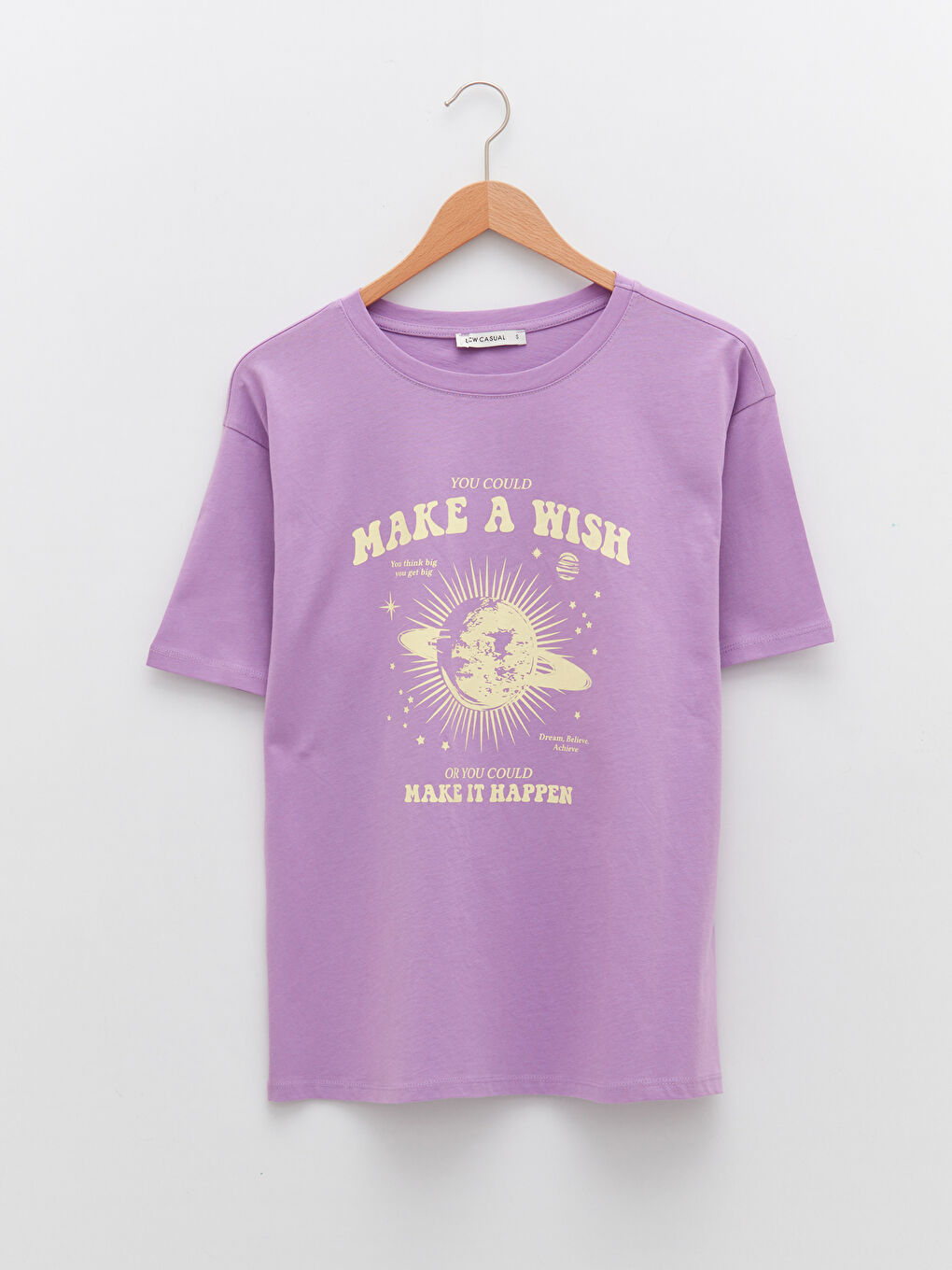 Lila Bisiklet Yaka Baskılı Kısa Kollu Pamuklu Kadın Tişört-5