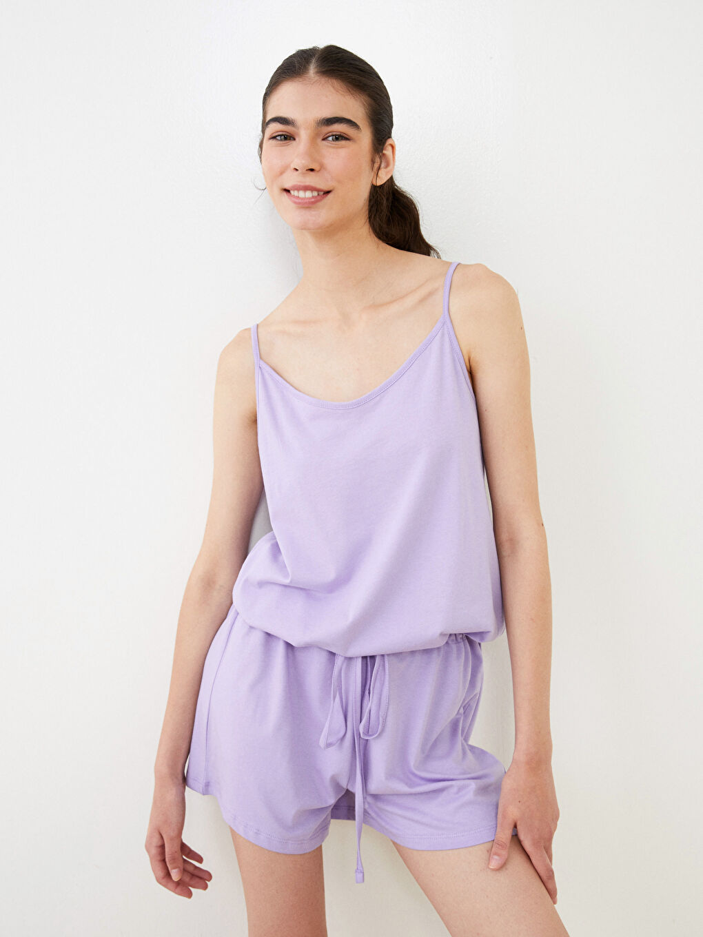 Lila U Yaka Düz Askılı Pamuklu Kadın Tulum