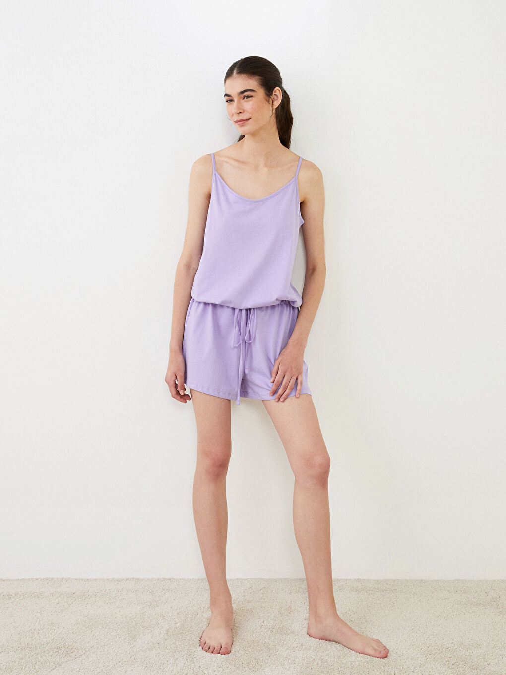 Lila U Yaka Düz Askılı Pamuklu Kadın Tulum-1