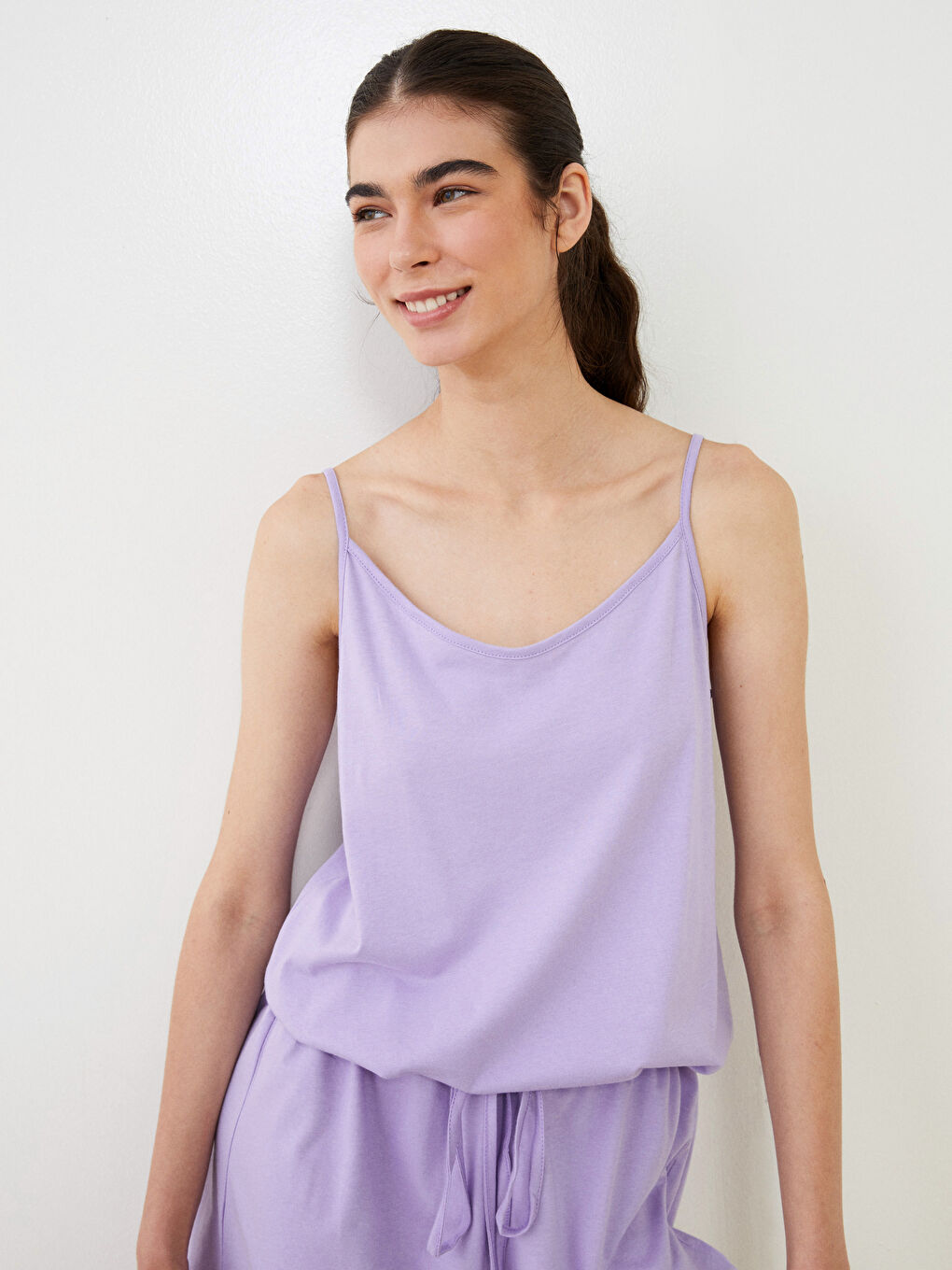 Lila U Yaka Düz Askılı Pamuklu Kadın Tulum-2