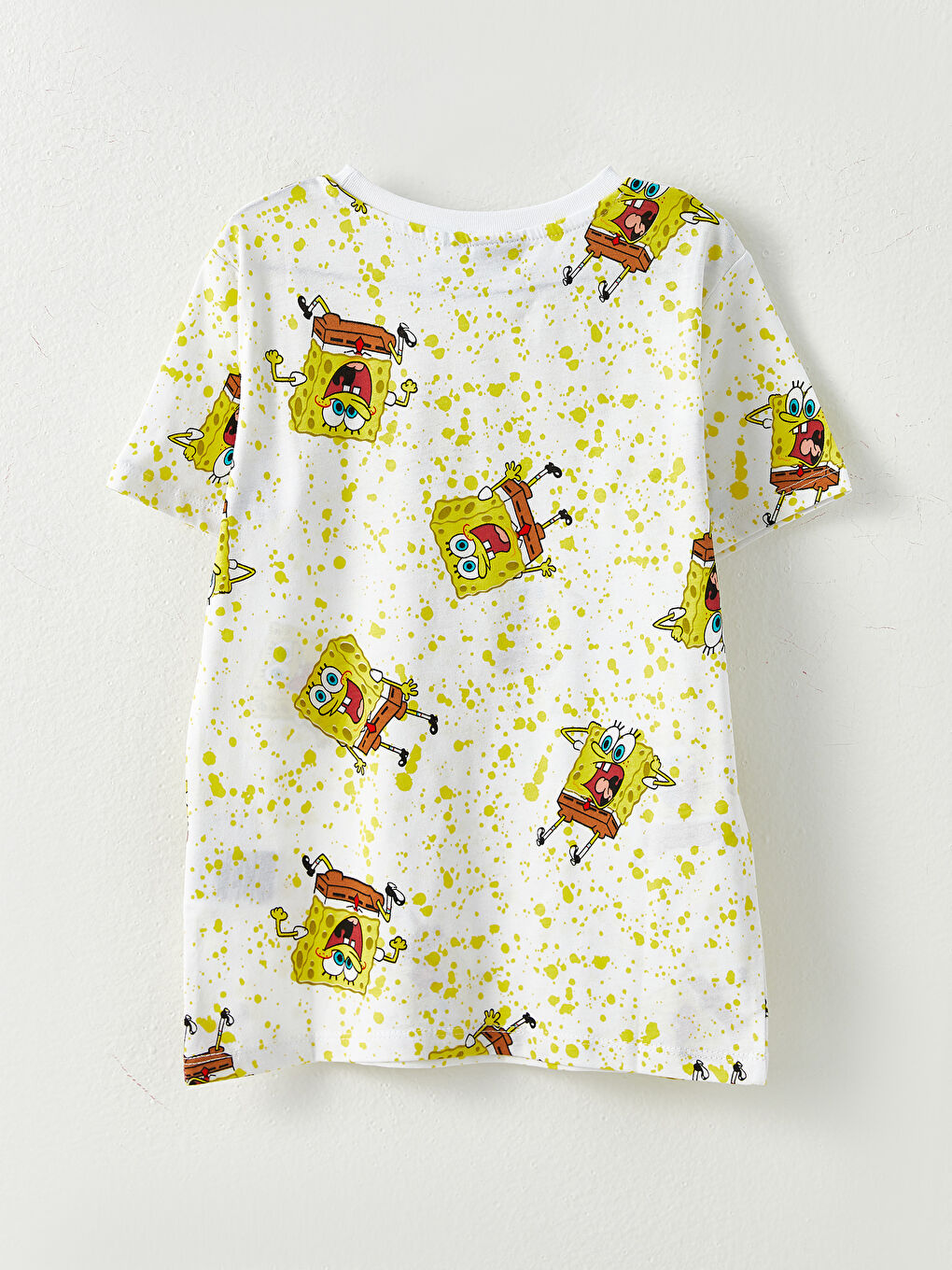 Beyaz Bisiklet Yaka Sünger Bob Baskılı Kısa Kollu Pamuklu Erkek Çocuk Tişört-1