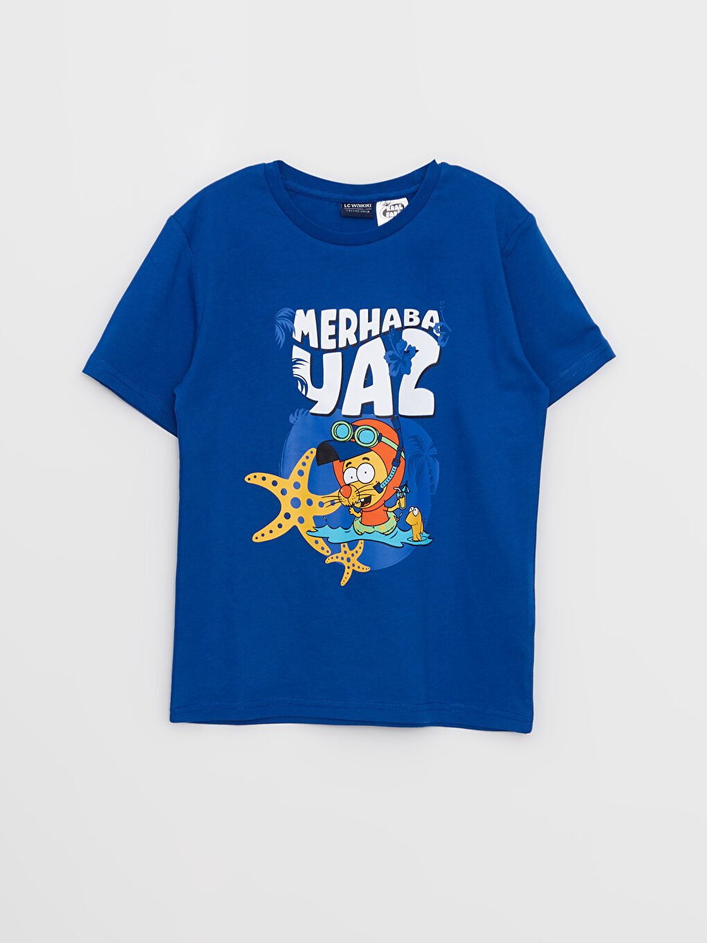 Mavi Bisiklet Yaka Kral Şakir Baskılı Kısa Kollu Pamuklu Erkek Çocuk Tişört