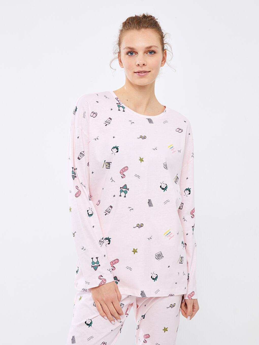 طقم بيجامة كم طويل ياقة دائرية مطبوع قطن للسيدات-2