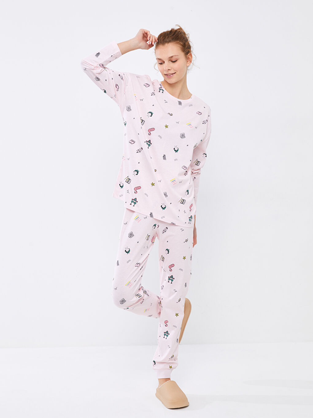 طقم بيجامة كم طويل ياقة دائرية مطبوع قطن للسيدات-3