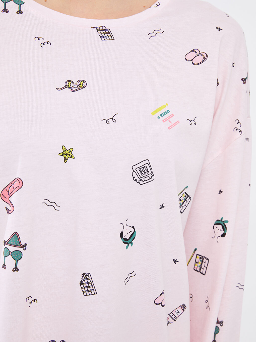 طقم بيجامة كم طويل ياقة دائرية مطبوع قطن للسيدات-4