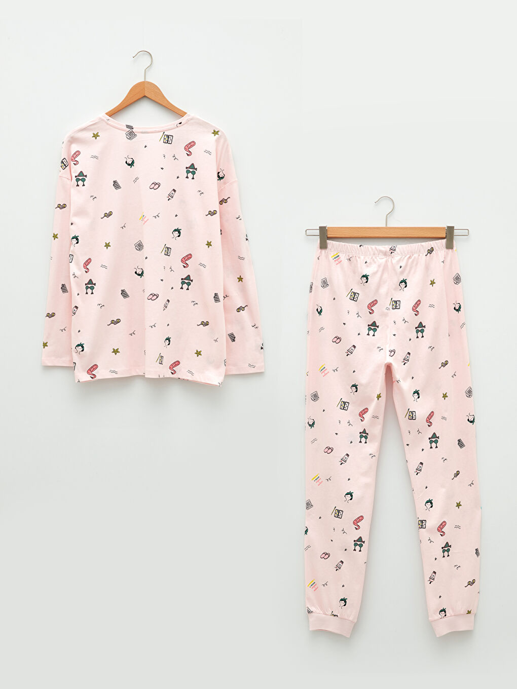 طقم بيجامة كم طويل ياقة دائرية مطبوع قطن للسيدات-7