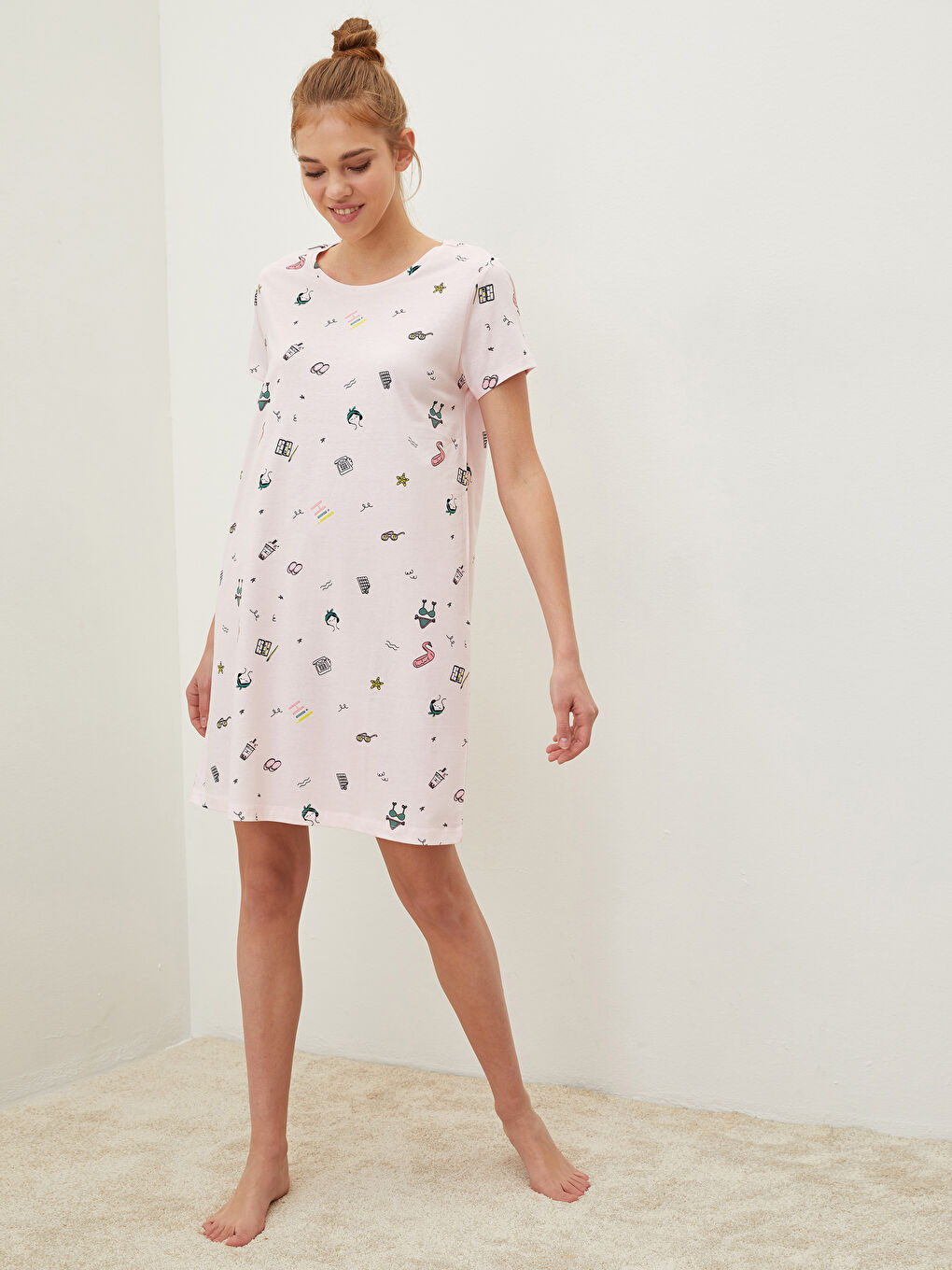 Cămașă de noapte din bumbac cu guler rotund, imprimată, mânecă scurtă pentru femei-1