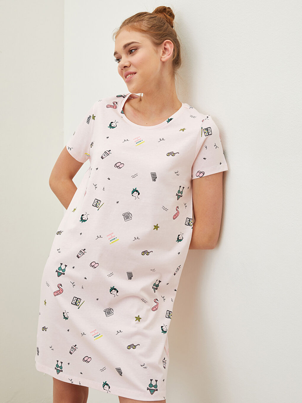 Cămașă de noapte din bumbac cu guler rotund, imprimată, mânecă scurtă pentru femei-2