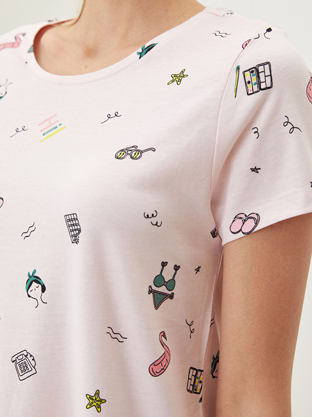 Cămașă de noapte din bumbac cu guler rotund, imprimată, mânecă scurtă pentru femei-3