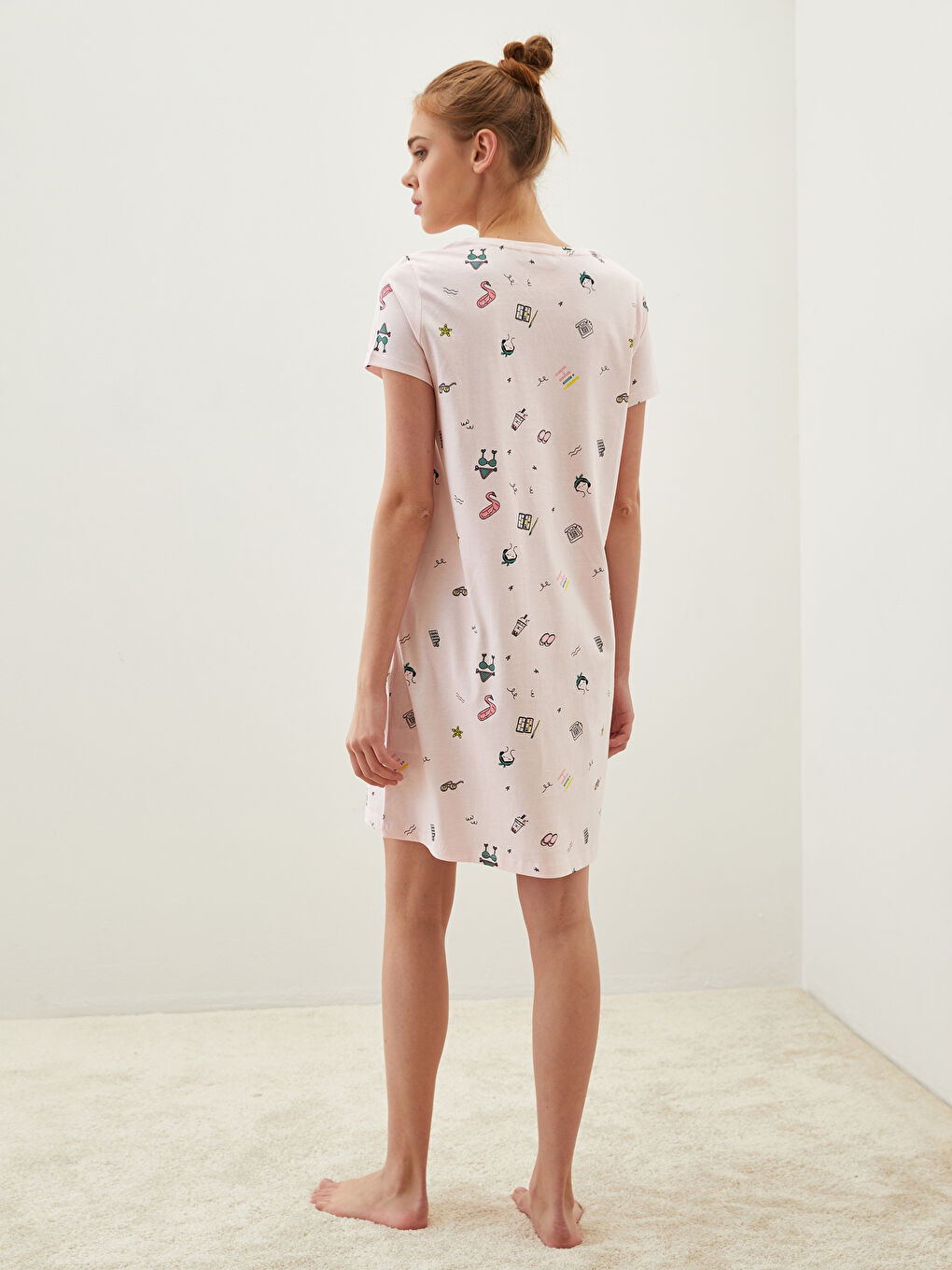 Cămașă de noapte din bumbac cu guler rotund, imprimată, mânecă scurtă pentru femei-4