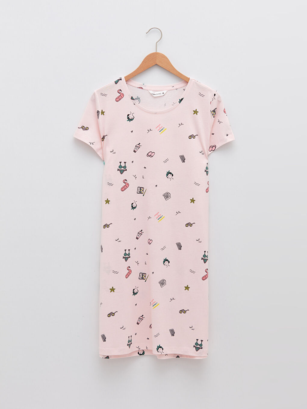 Cămașă de noapte din bumbac cu guler rotund, imprimată, mânecă scurtă pentru femei-5