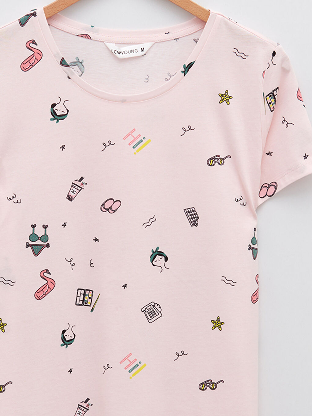 Cămașă de noapte din bumbac cu guler rotund, imprimată, mânecă scurtă pentru femei-7