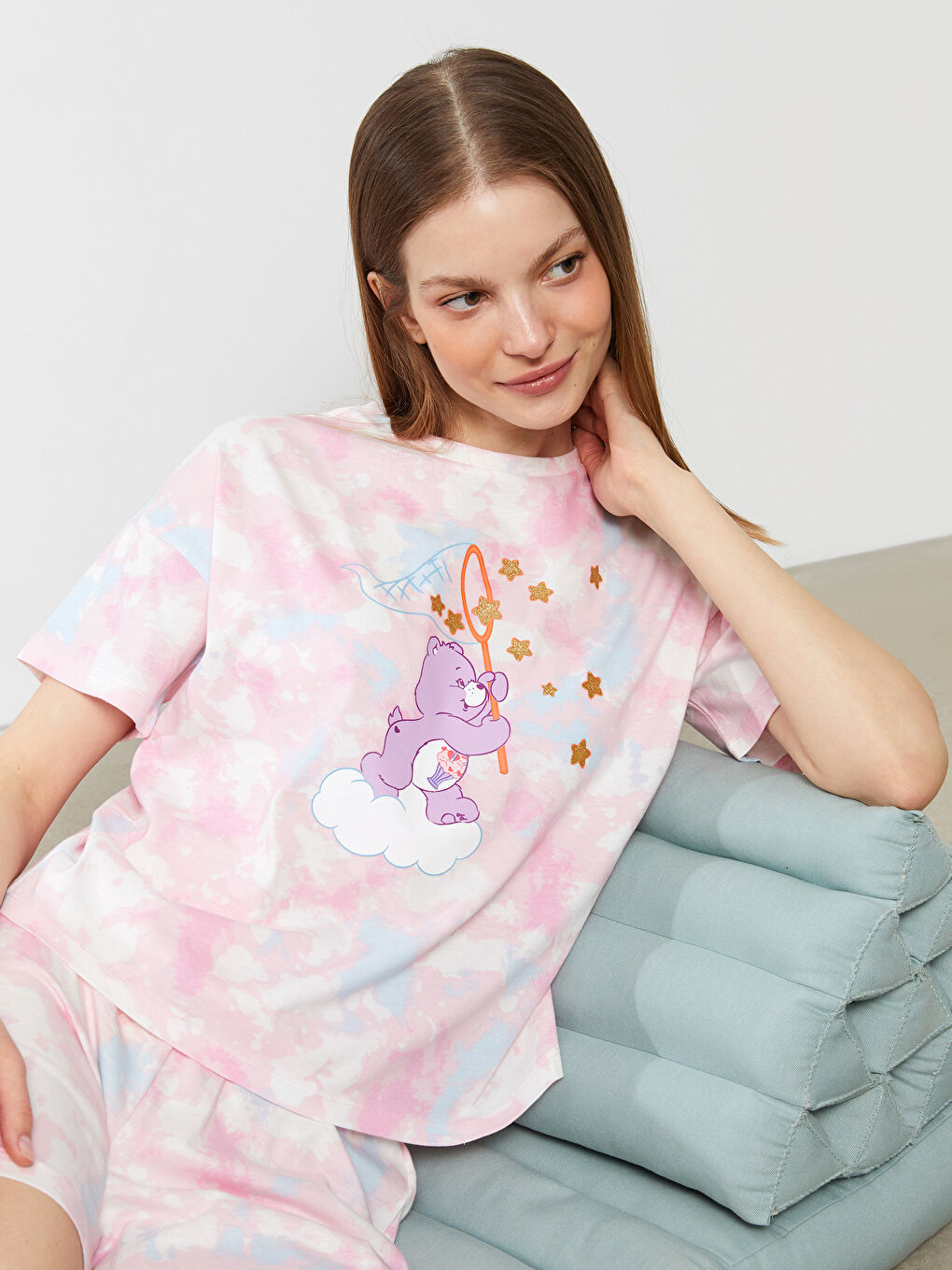 Ensemble de pyjama en coton à manches courtes imprimé Care Bears à col rond pour Femmes
