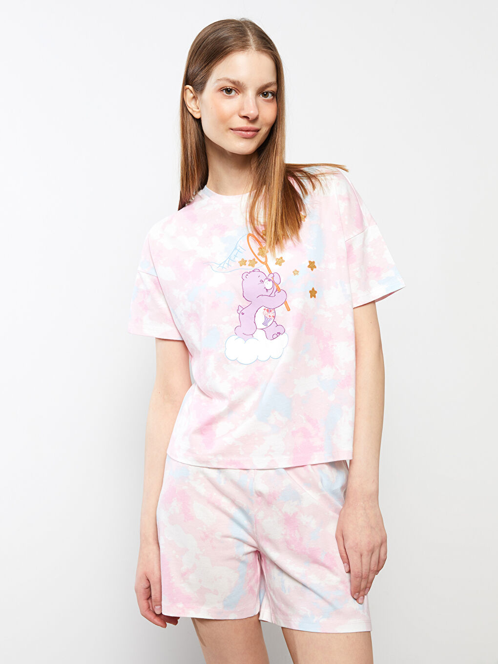 Ensemble de pyjama en coton à manches courtes imprimé Care Bears à col rond pour Femmes-1