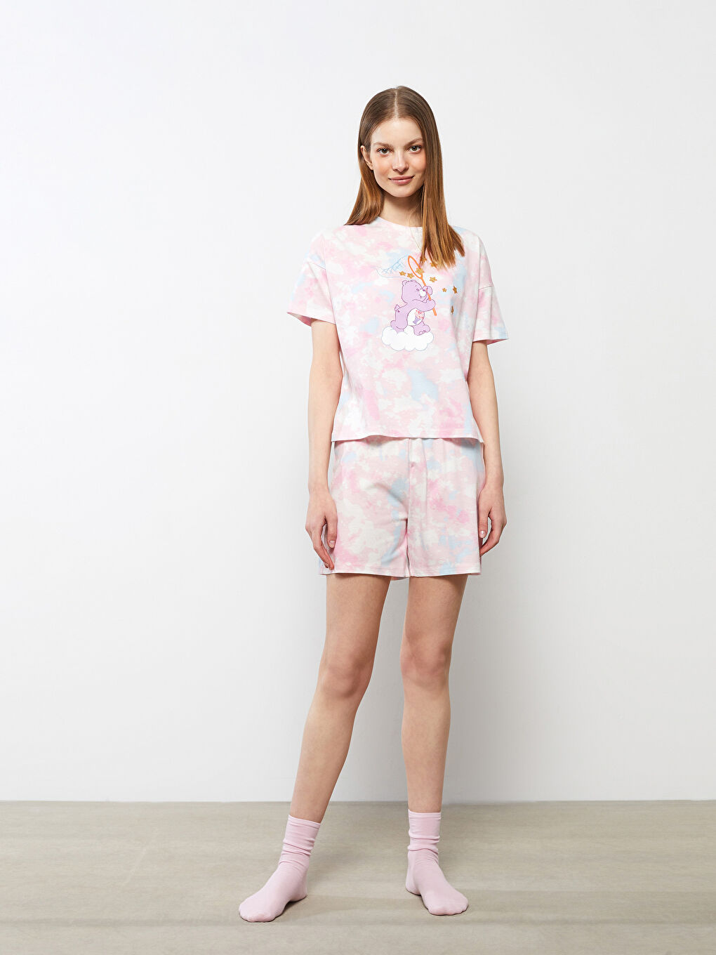 Ensemble de pyjama en coton à manches courtes imprimé Care Bears à col rond pour Femmes-2