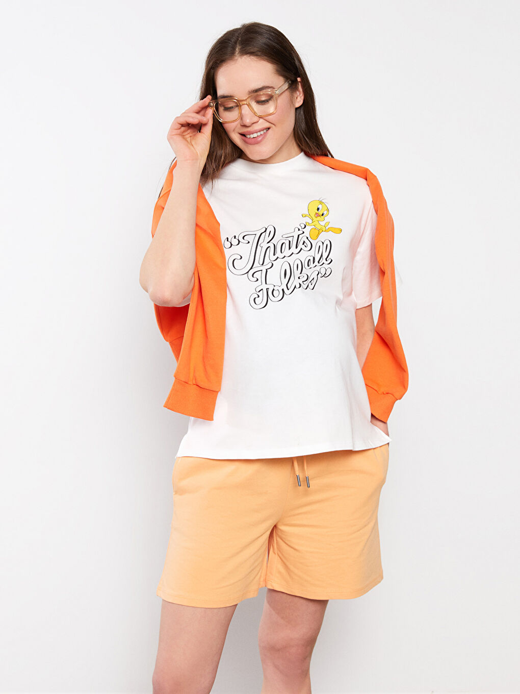 Crew Neck Tweety Printed Short Sleeve Cotton Maternity T-Shirt -S2FH38Z8-FEU