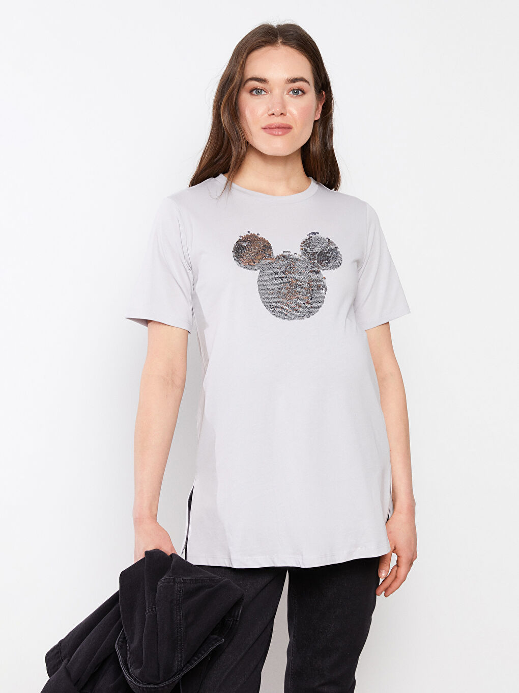 تي شيرت حمل ياقة دائرية مطرز ميكي ماوس كم قصير قطن-1