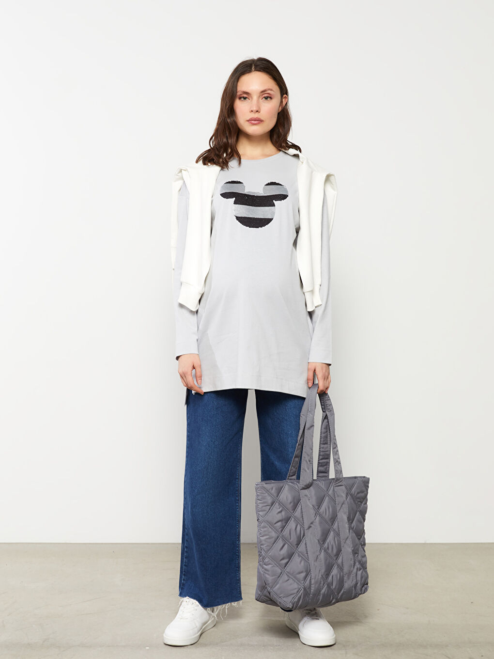 Gri Bisiklet Yaka Mickey Mouse İşlemeli Uzun Kollu Pamuklu Hamile Tunik