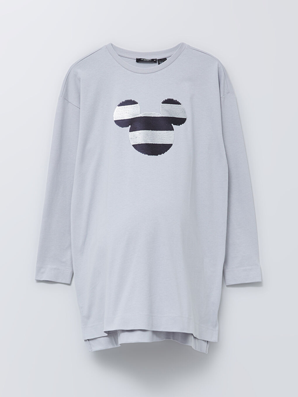 Gri Bisiklet Yaka Mickey Mouse İşlemeli Uzun Kollu Pamuklu Hamile Tunik-5