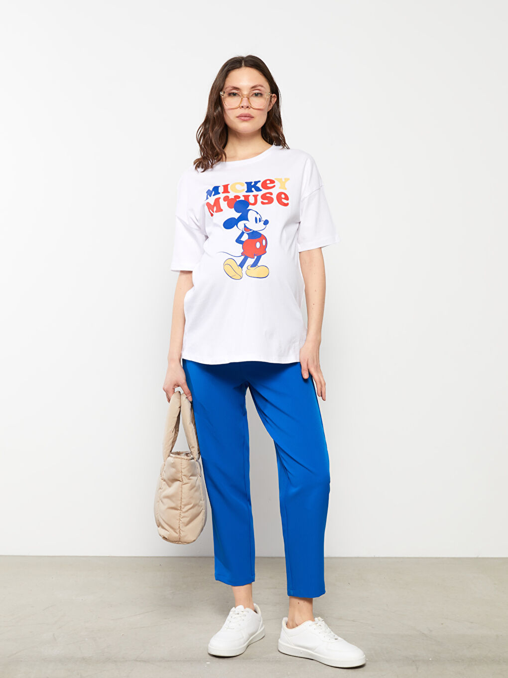 Crew Neck Mickey Mouse Printed Short Sleeve Cotton Maternity T-Shirt-2