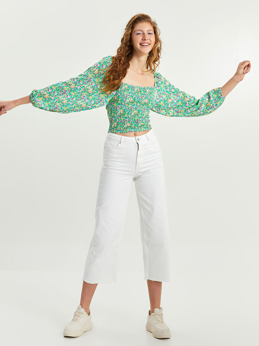 Yeşil Kare Yaka Desenli Uzun Kollu Viskon Kadın Bluz-3