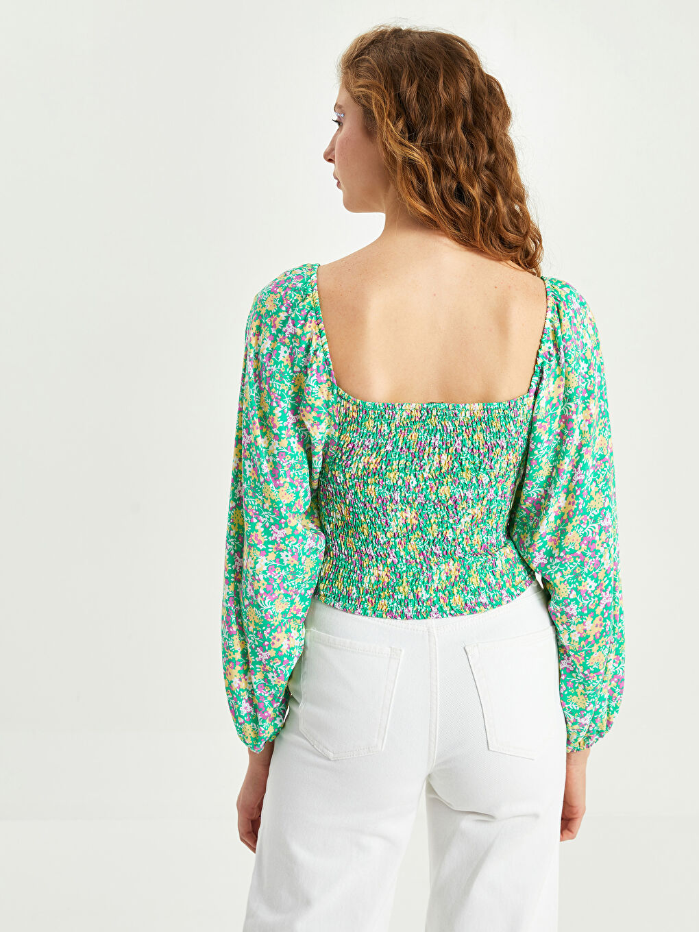 Yeşil Kare Yaka Desenli Uzun Kollu Viskon Kadın Bluz-4