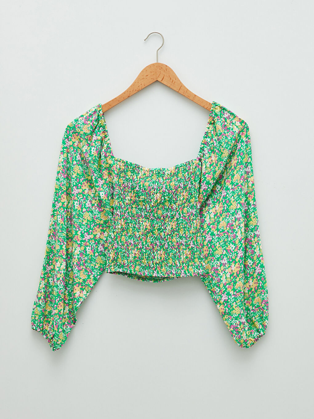 Yeşil Kare Yaka Desenli Uzun Kollu Viskon Kadın Bluz-6