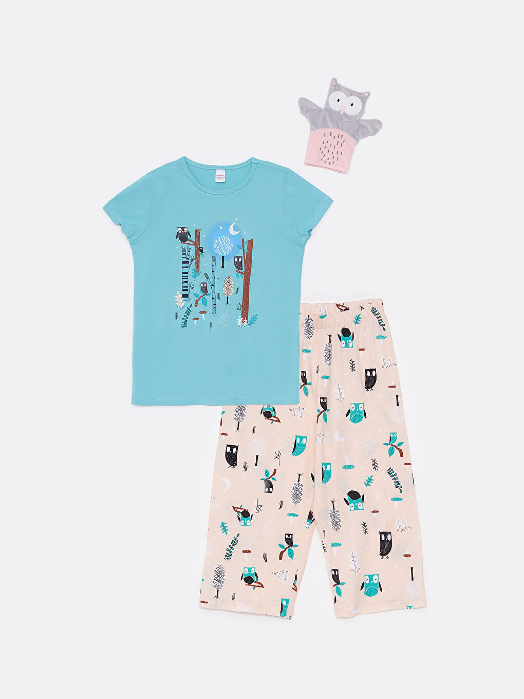 Turkuaz Bisiklet Yaka Karanlıkta Parlayan Baskılı Kısa Kollu Kız Çocuk Pijama Takımı ve Kukla-4