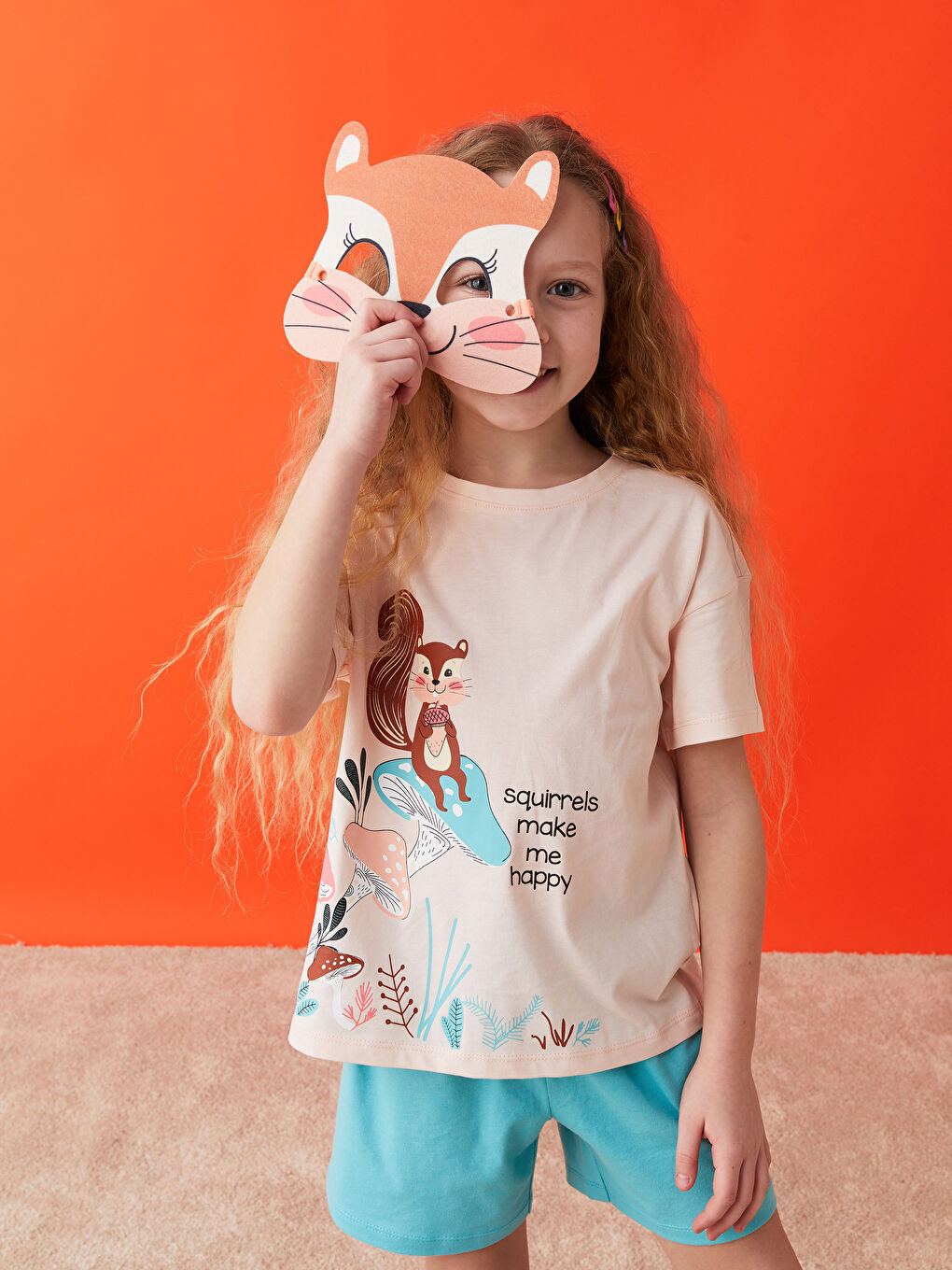 Pembe Bisiklet Yaka Baskılı Kısa Kollu Kız Çocuk Şortlu Pijama Takımı ve Maske-2